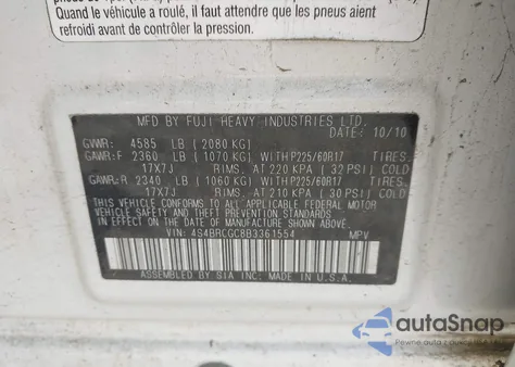 2011 Subaru Outback 2.5I Premium z USA, uszkodzony, nr VIN 4S4BRCGC8B3361554